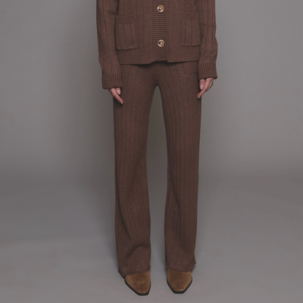 ElleandEmm Ribbed Flared Lounger Pants Medium Cocoa Brown Knit High Rise Pullon